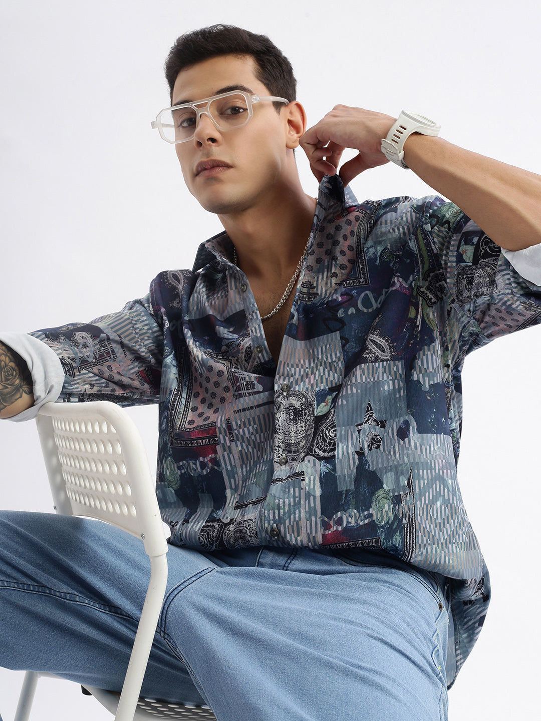 Men Spread Collar Abstract Slim Fit Multi Shirt