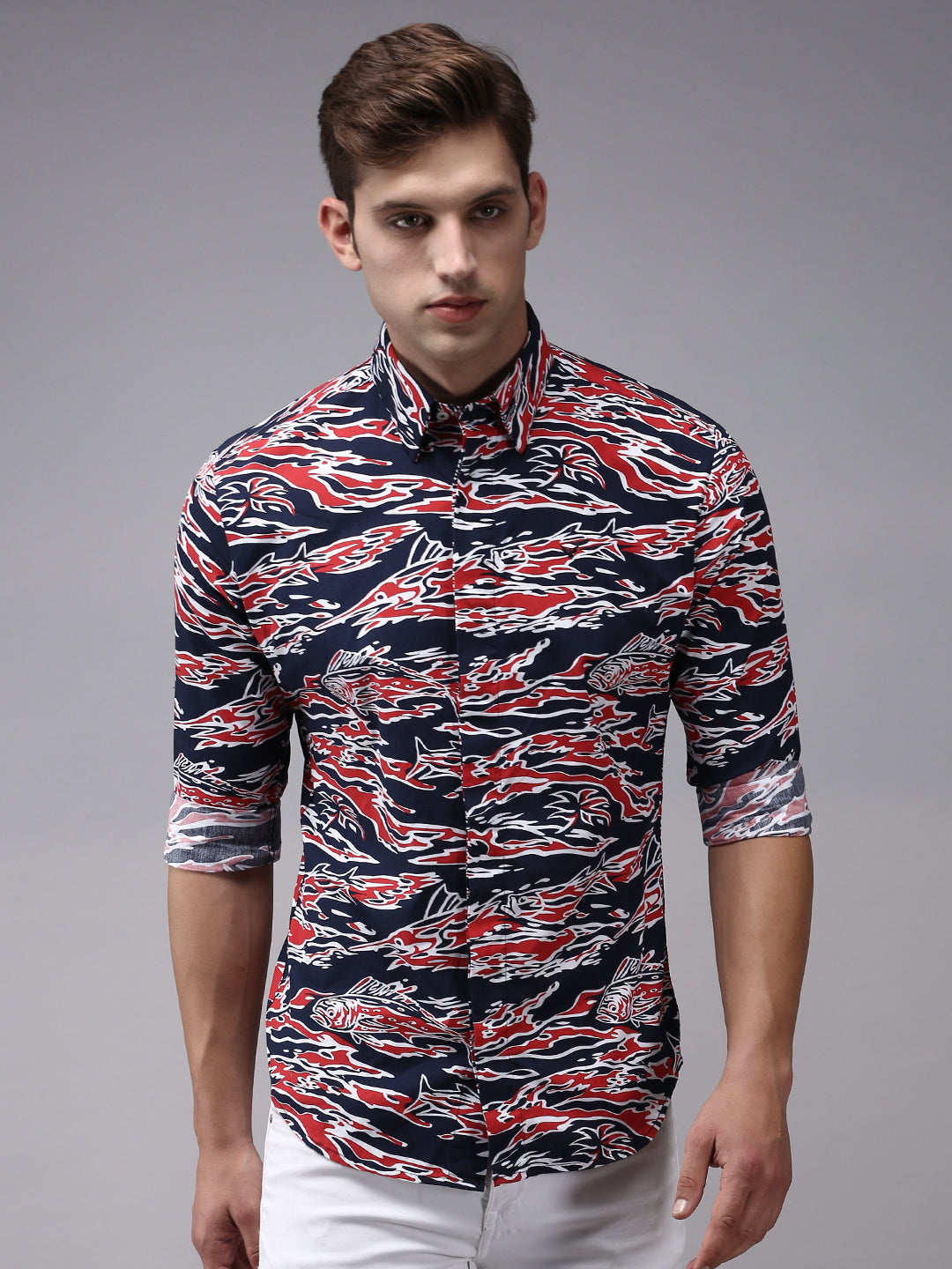 Men Abstract Navy Blue Slim Fit Shirt