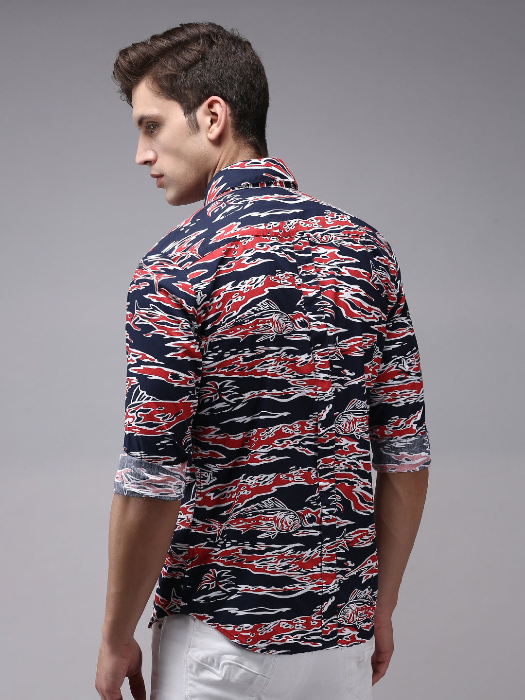 Men Abstract Navy Blue Slim Fit Shirt