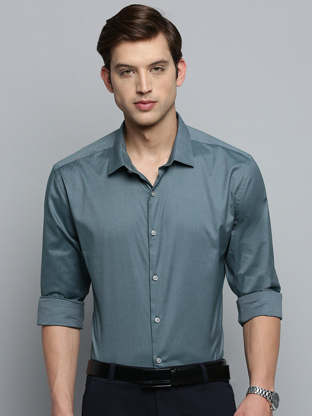 Men Spread Collar Solid Grey Shirt