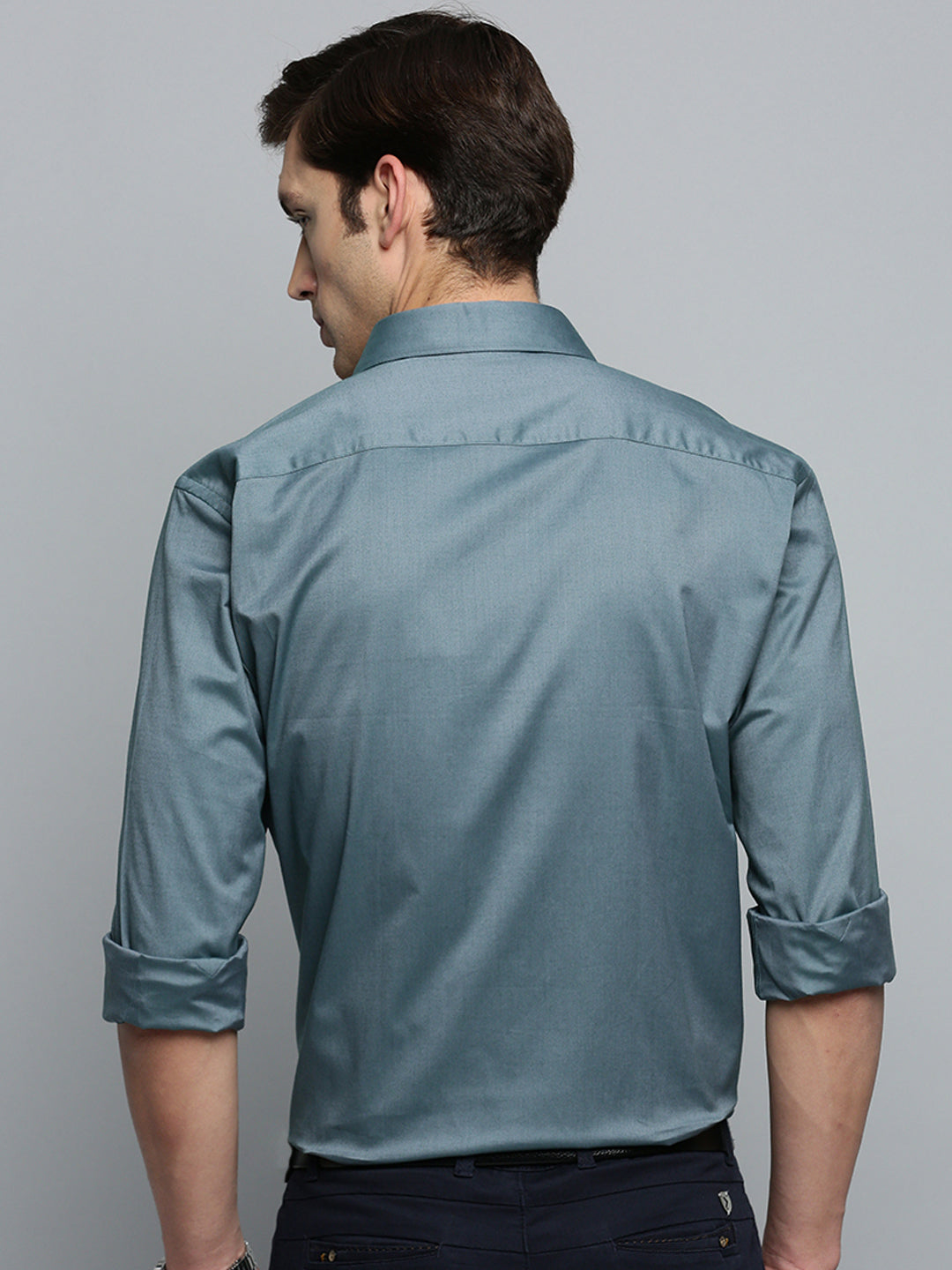 Men Spread Collar Solid Grey Shirt