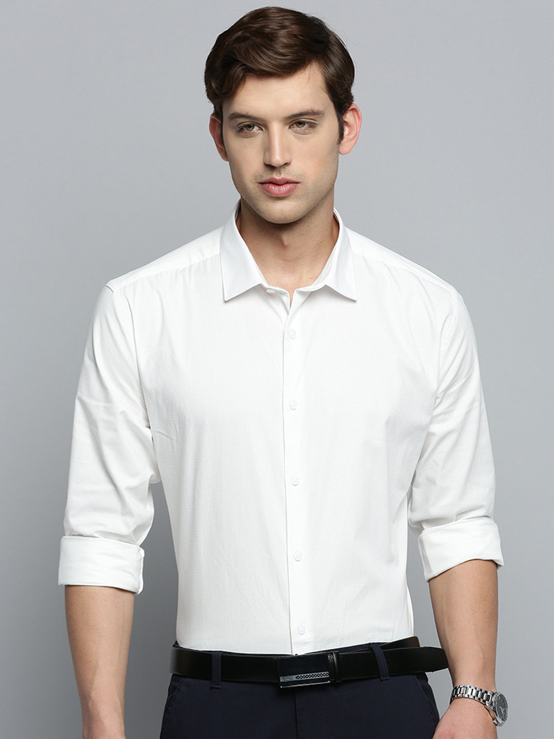 Men Spread Collar Self Design White Shirt