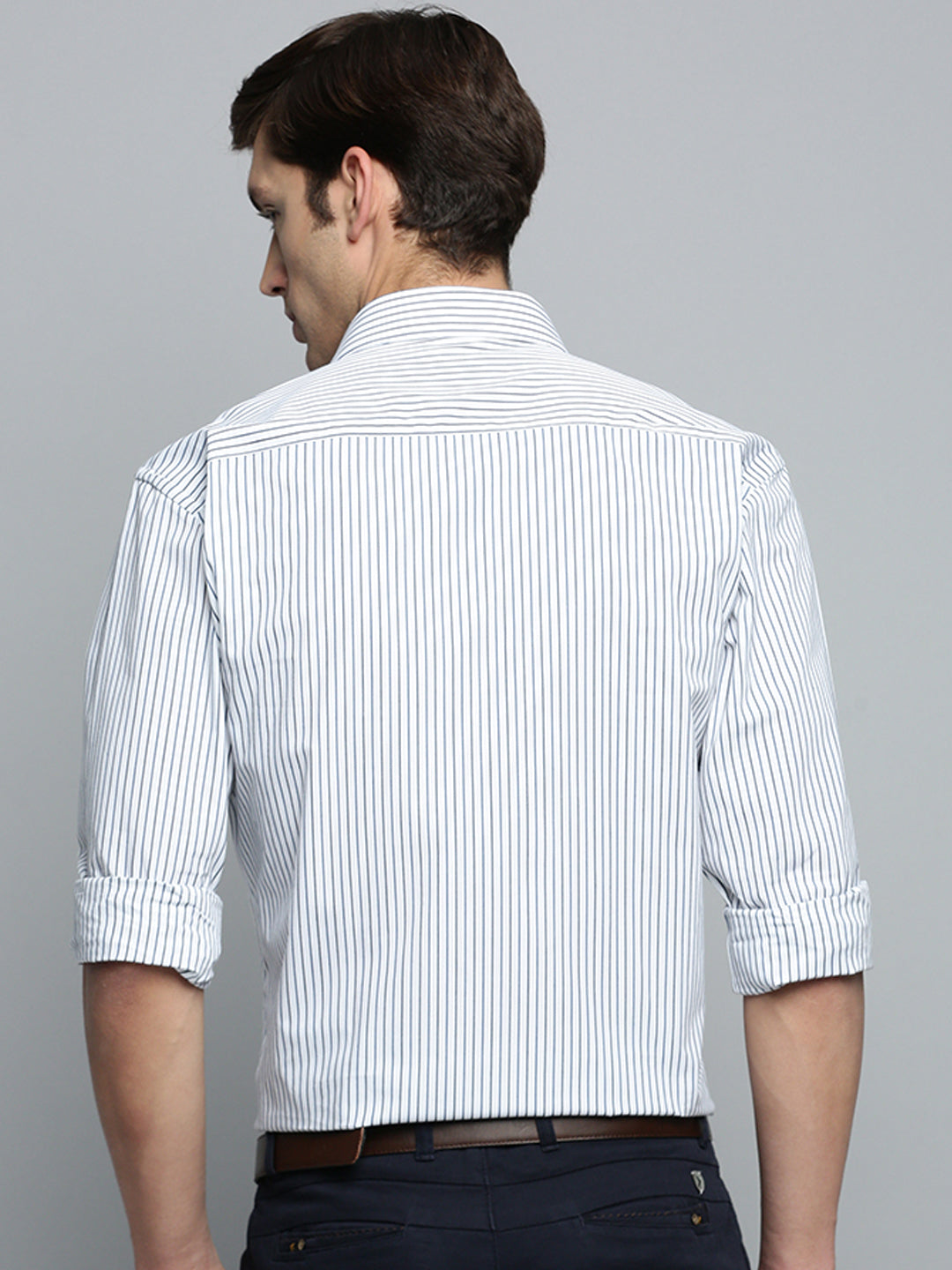 Men Spread Collar Striped White Shirt