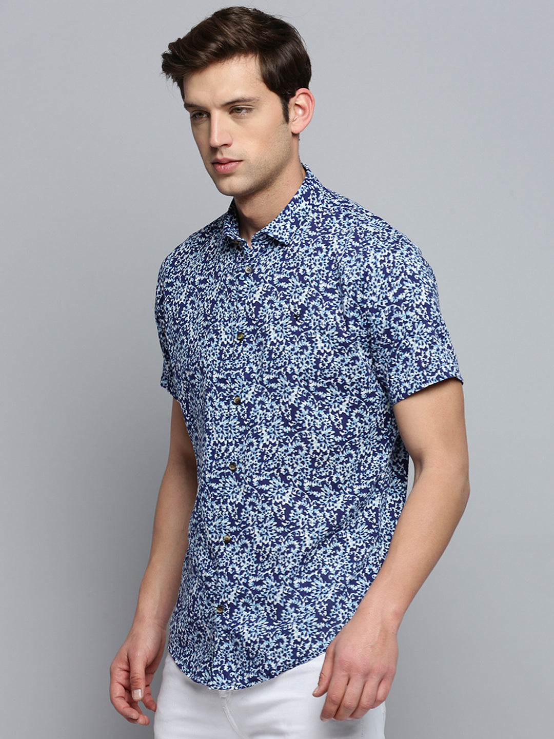 Men Spread Collar Printed Navy Blue Shirt