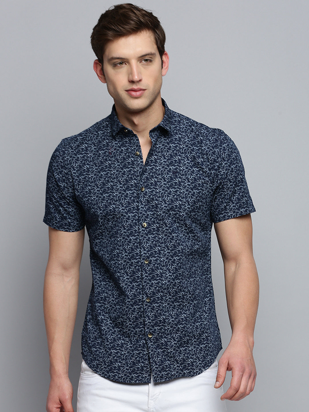 Men Spread Collar Printed Navy Blue Shirt