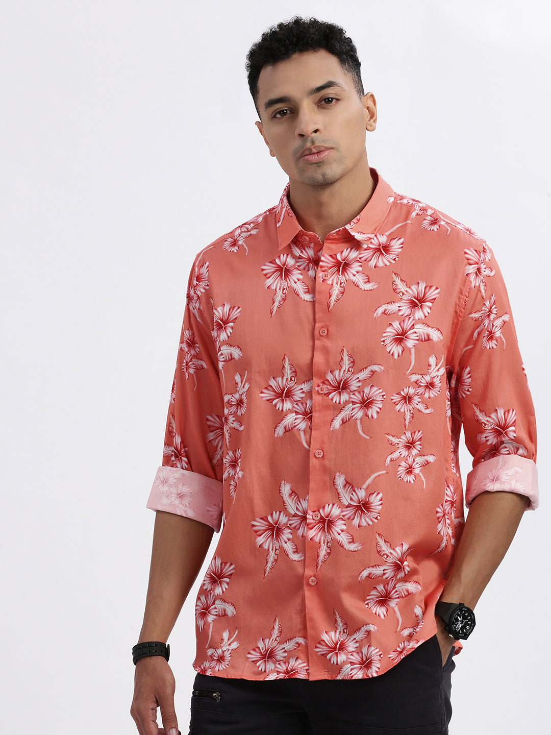 Men Peach Floral Slim Fit Shirt