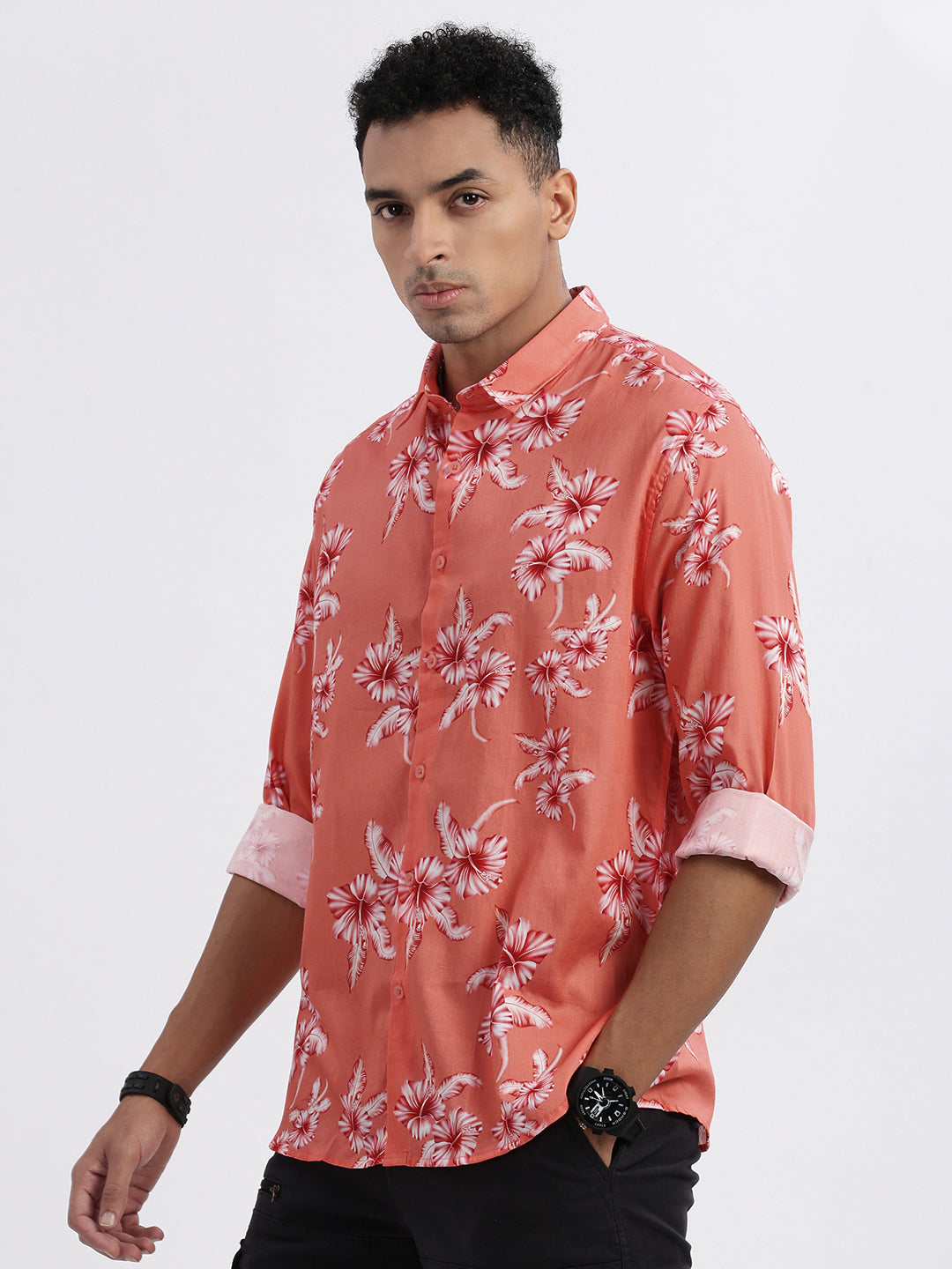 Men Peach Floral Slim Fit Shirt