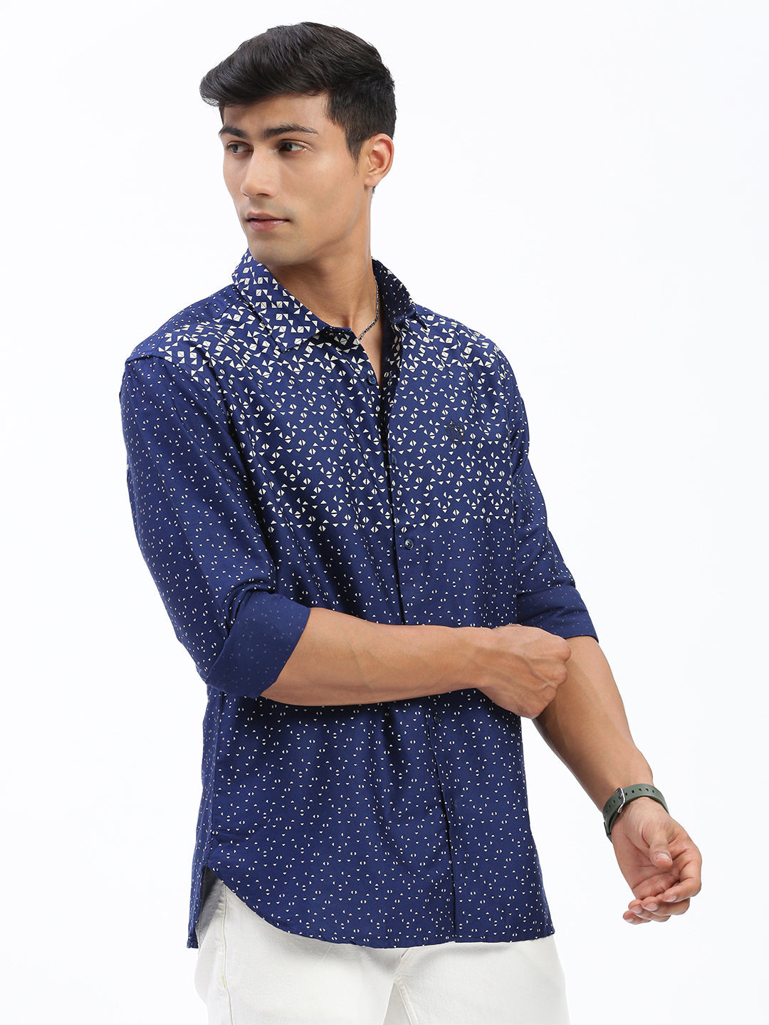 Men Micro Print Navy Blue Slim Fit Shirt