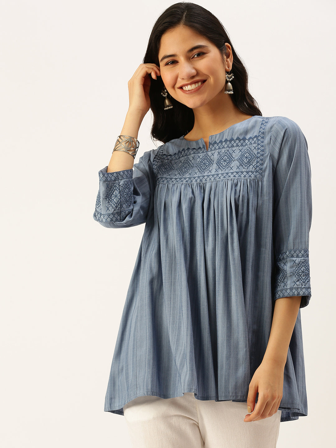 Women Solid Blue A-Line Kurti