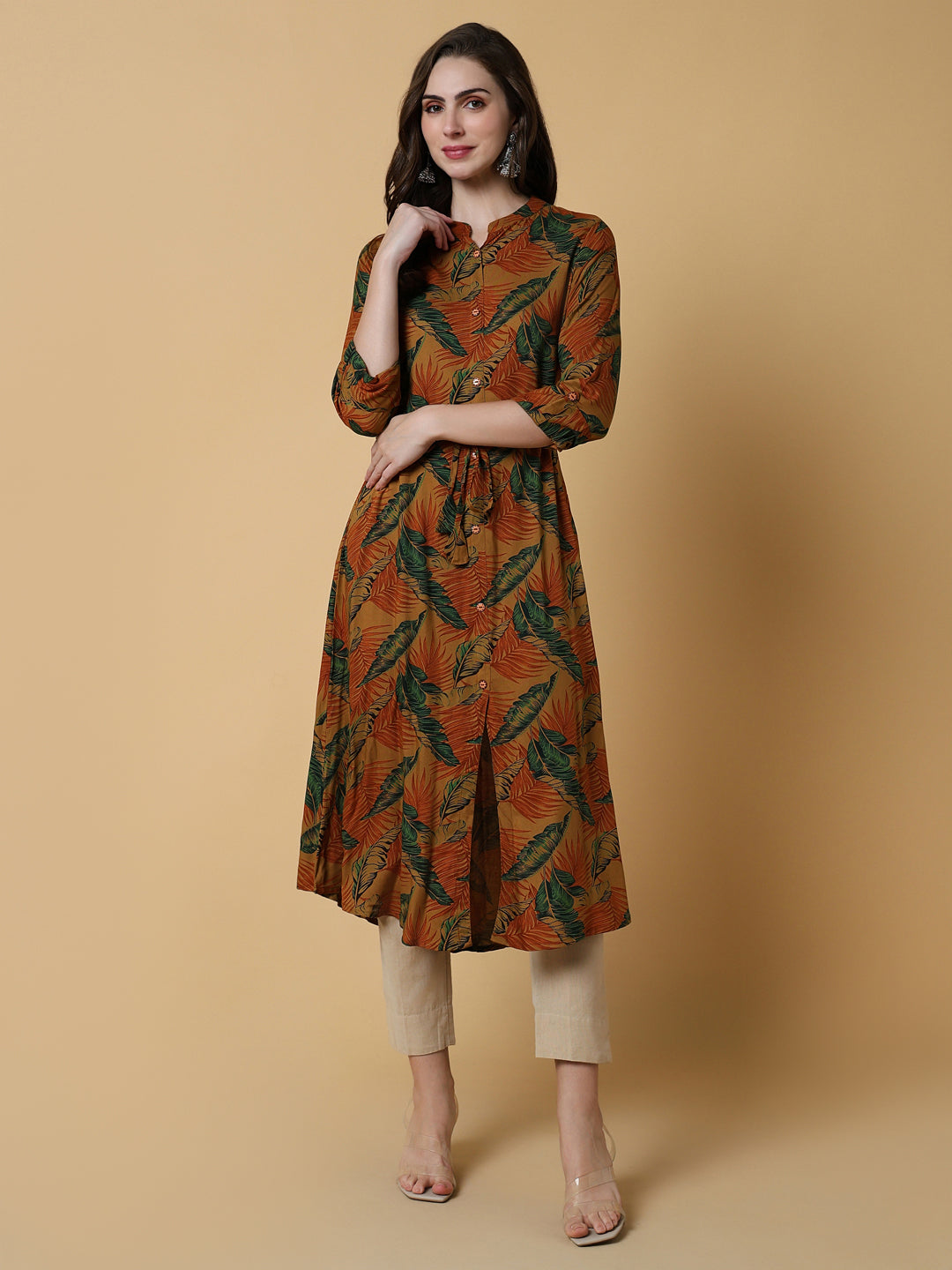 Women Brown Floral A-Line Kurta