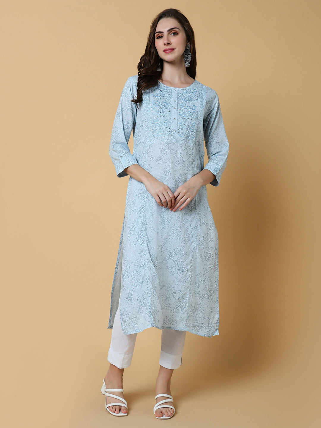 Women Blue Graphic Straight Kurta