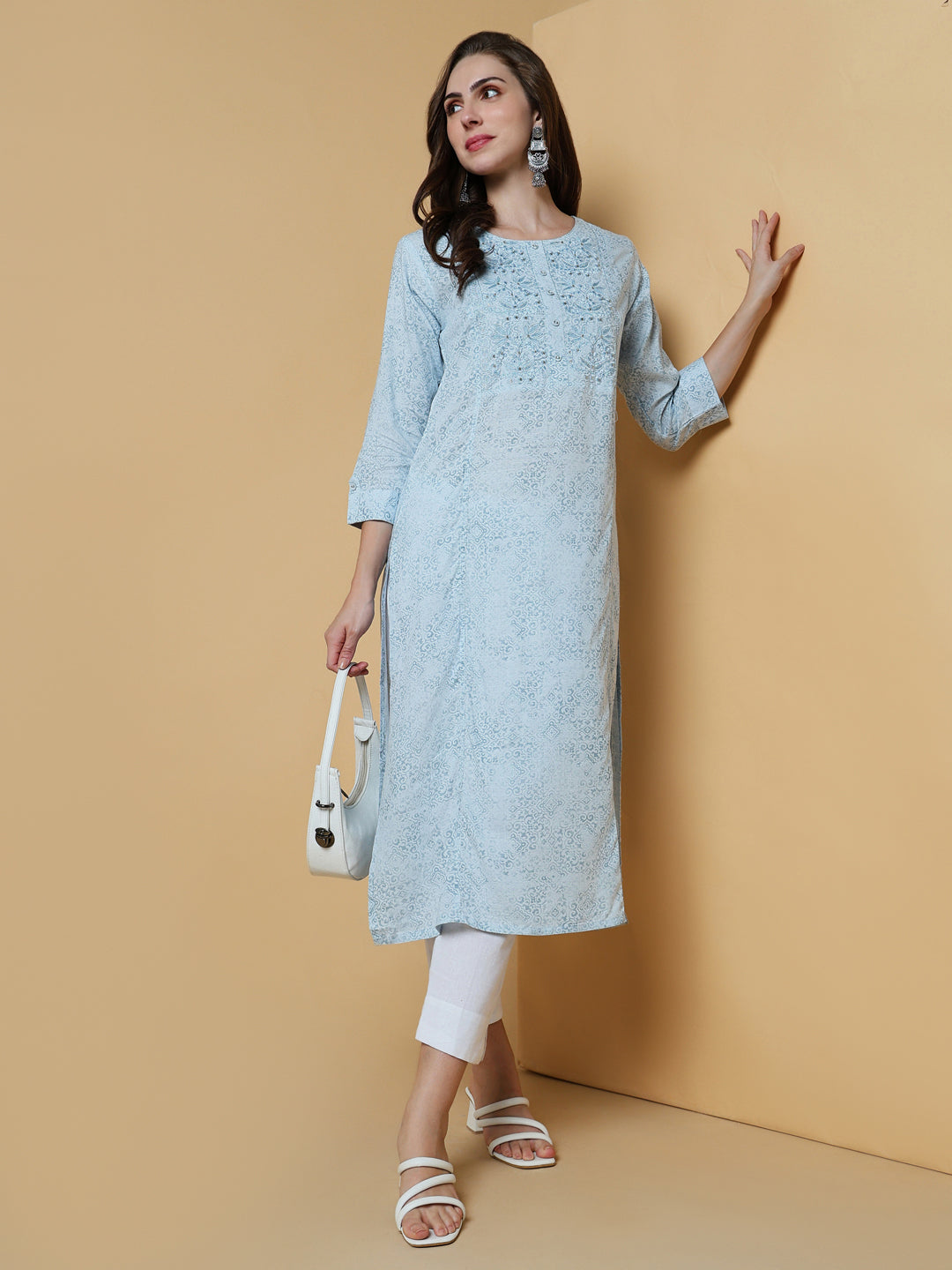 Women Blue Graphic Straight Kurta