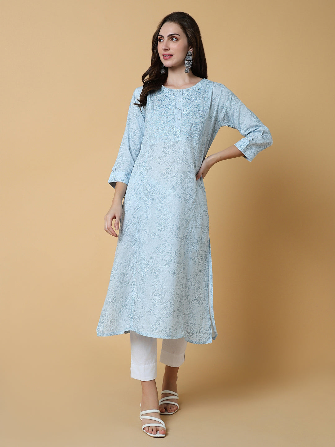 Women Blue Graphic Straight Kurta