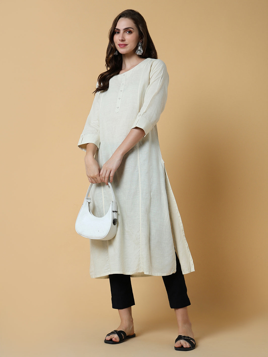 Women Cream Abstract Straight Kurta