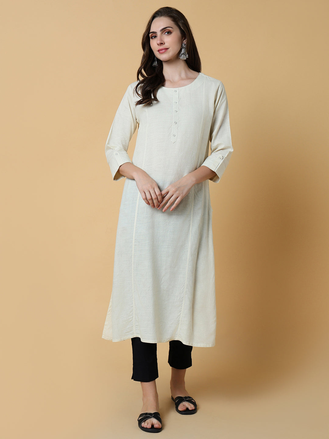 Women Cream Abstract Straight Kurta