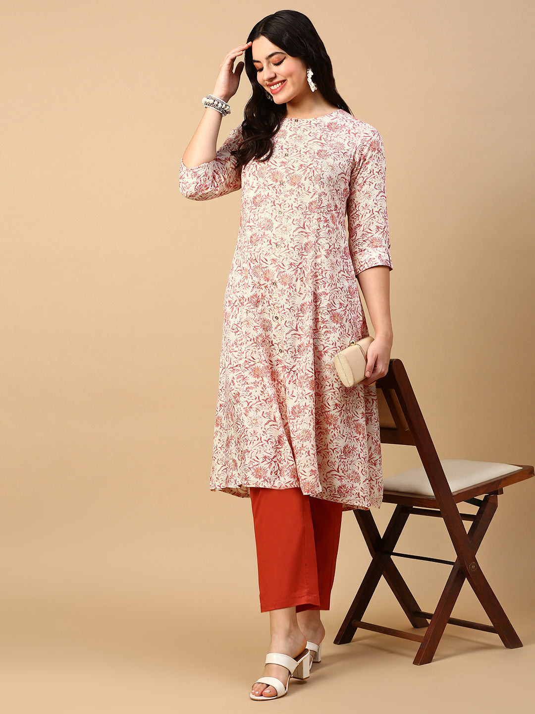 Women Cream Floral A Line Kurta