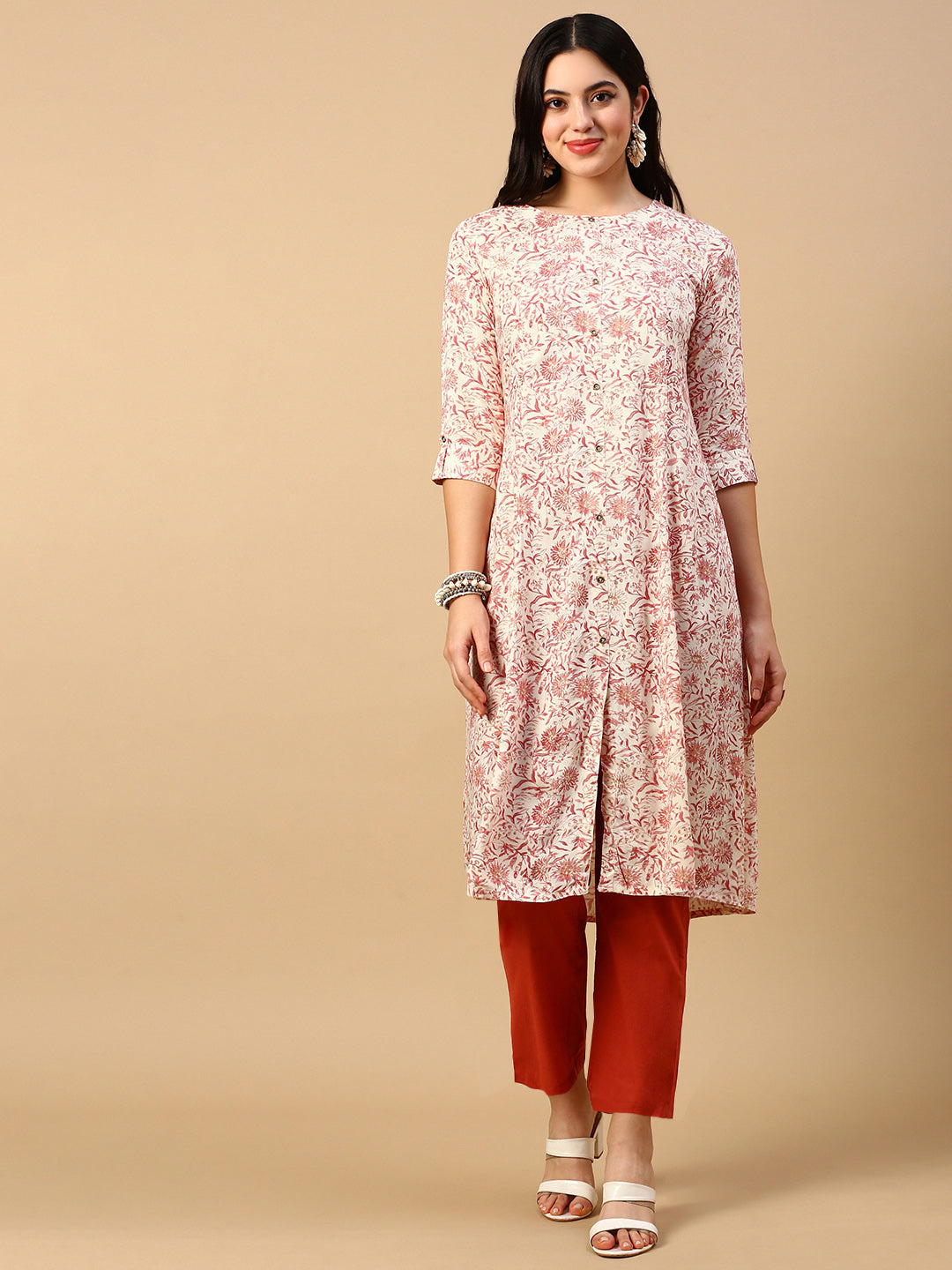 Women Cream Floral A Line Kurta