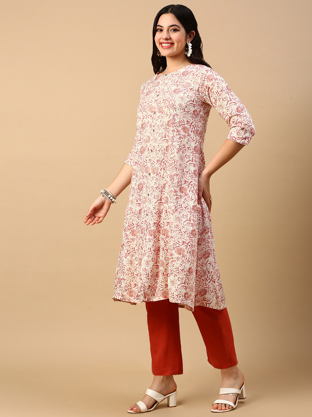 Women Cream Floral A Line Kurta