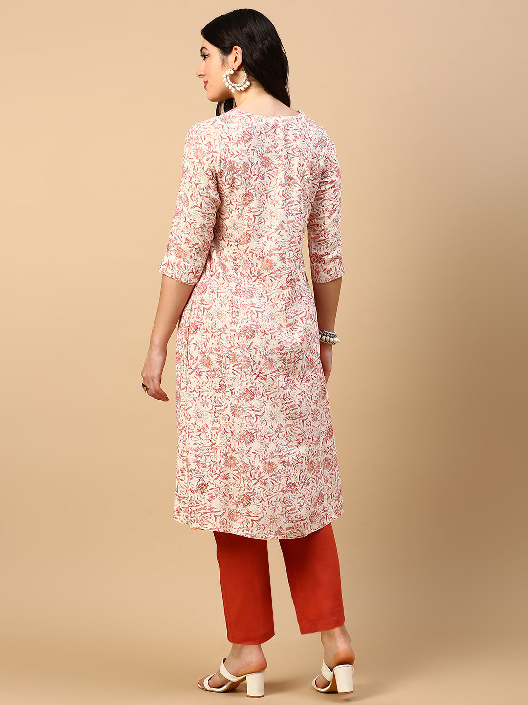 Women Cream Floral A Line Kurta