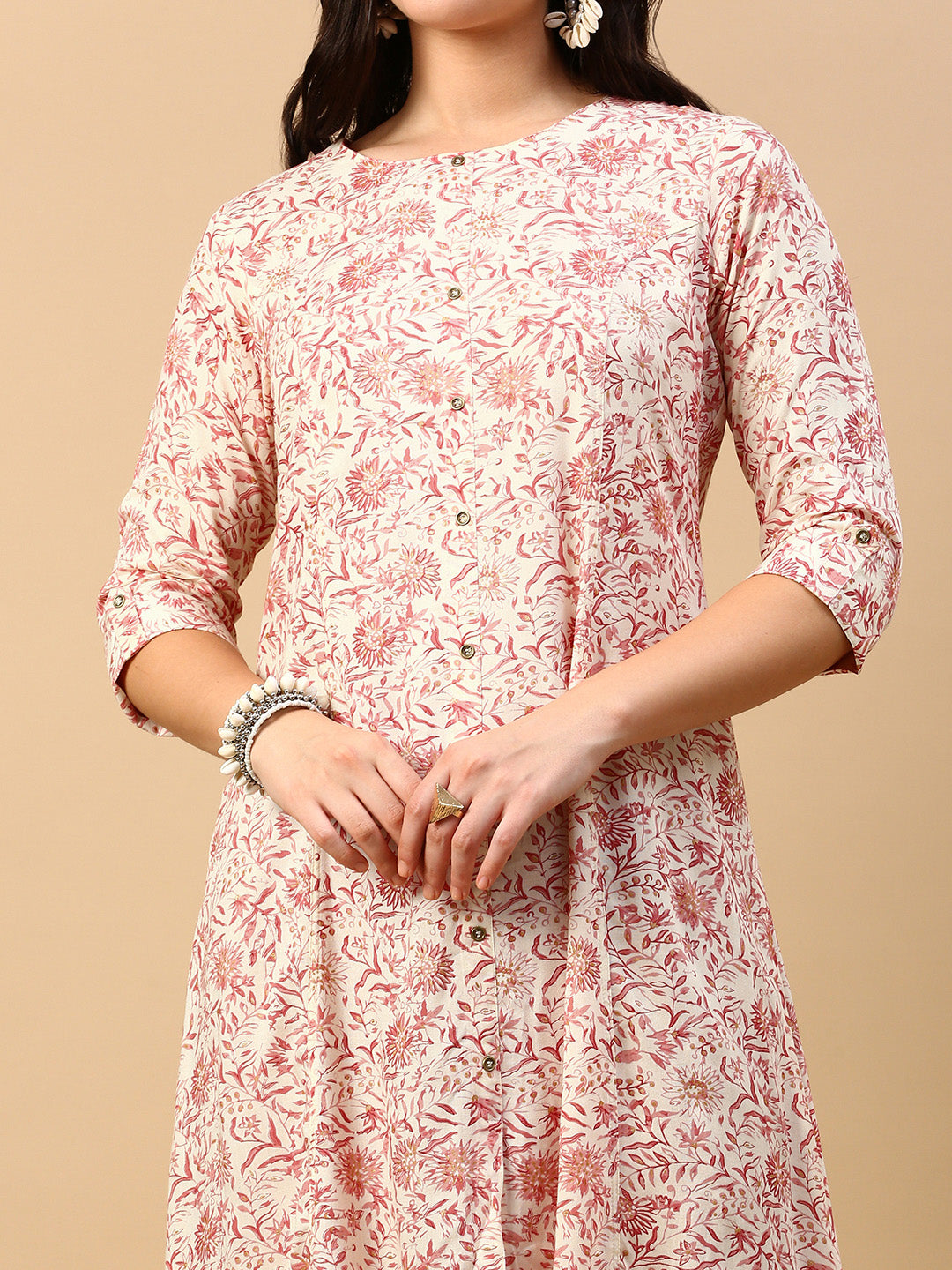 Women Cream Floral A Line Kurta