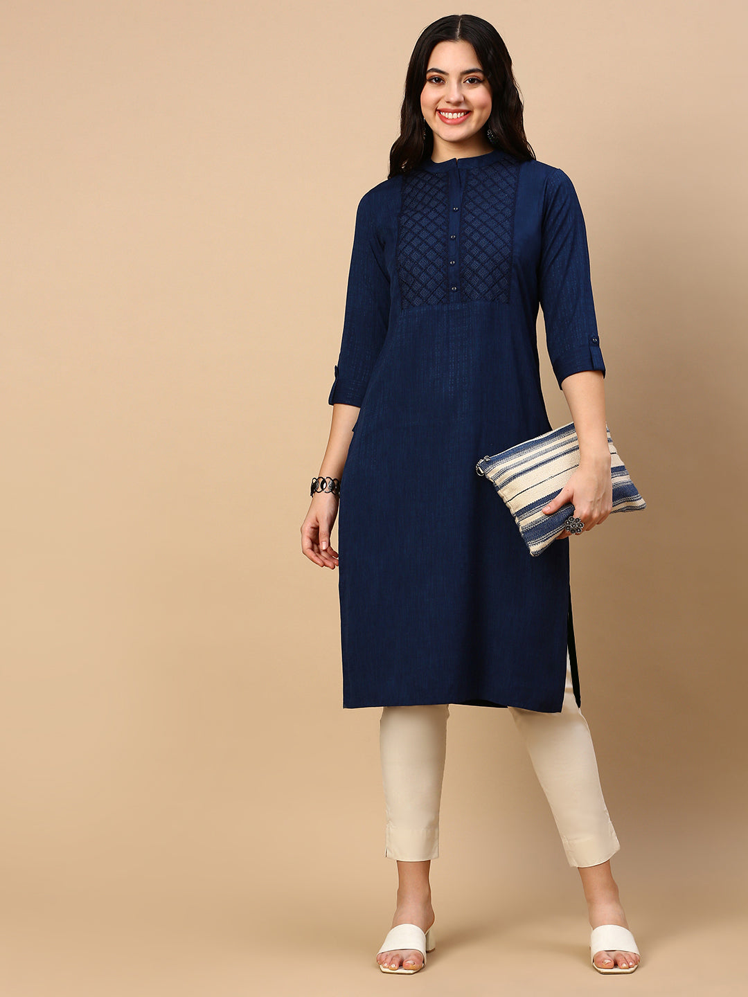 Women Navy Blue Solid Straight Kurta