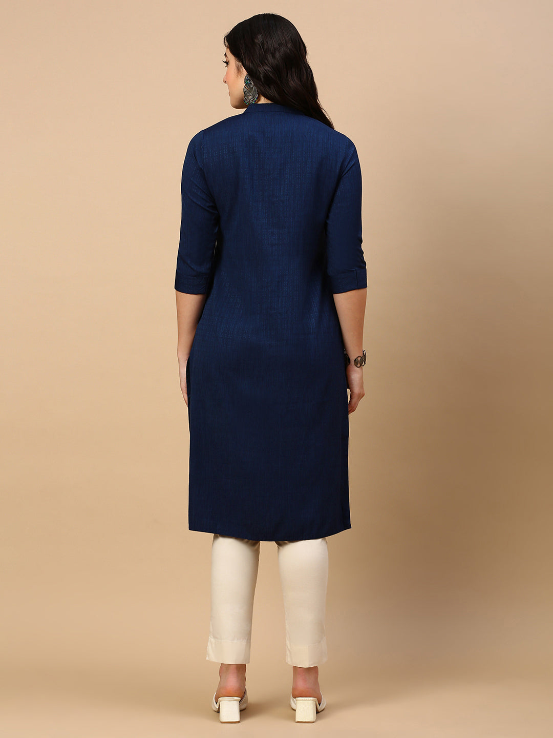 Women Navy Blue Solid Straight Kurta