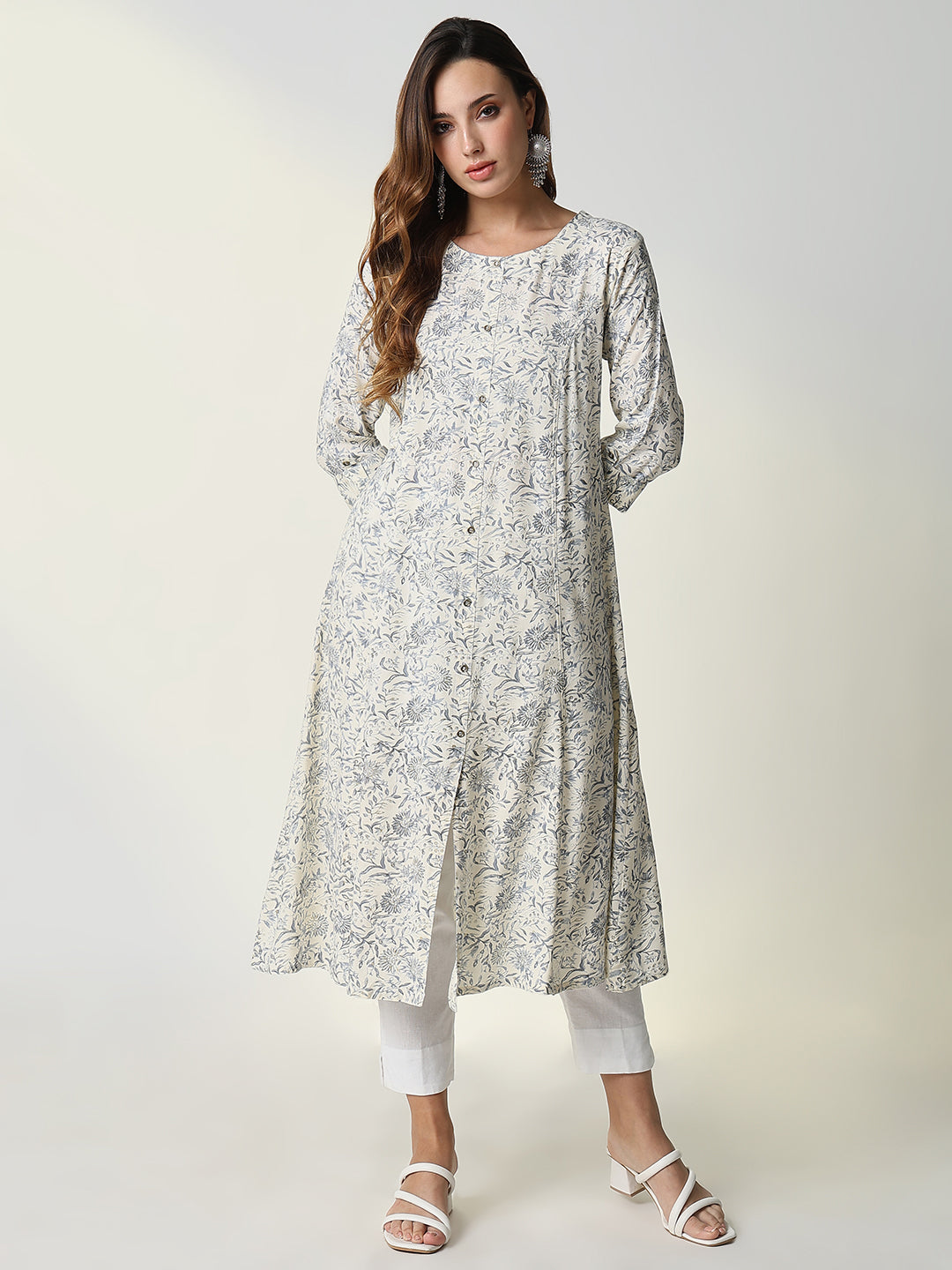 Women Cream Floral A-Line Kurta