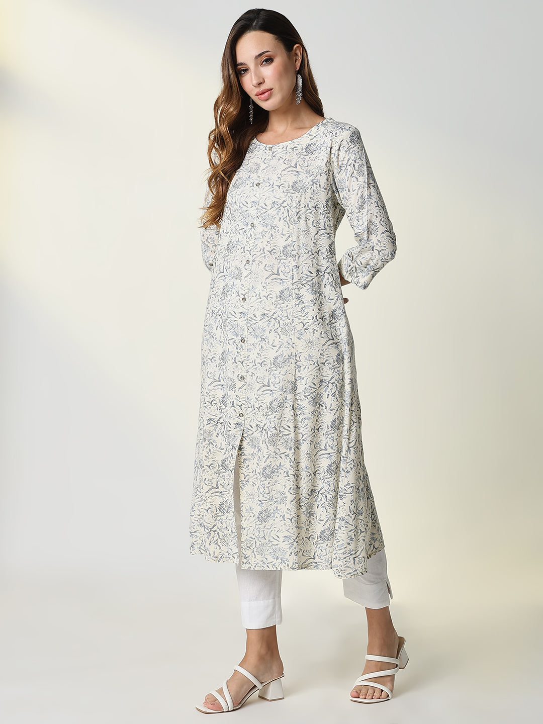 Women Cream Floral A-Line Kurta