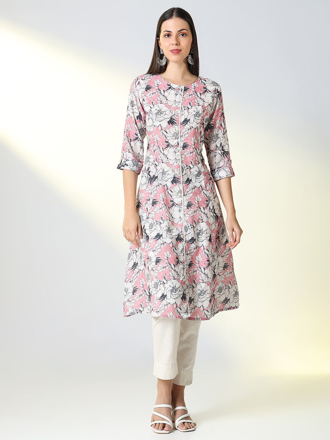 Women Pink Floral A Line Kurta