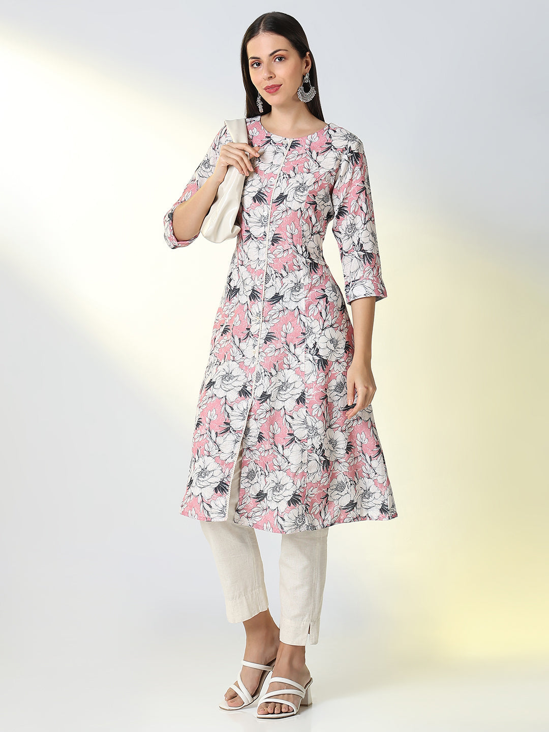 Women Pink Floral A Line Kurta