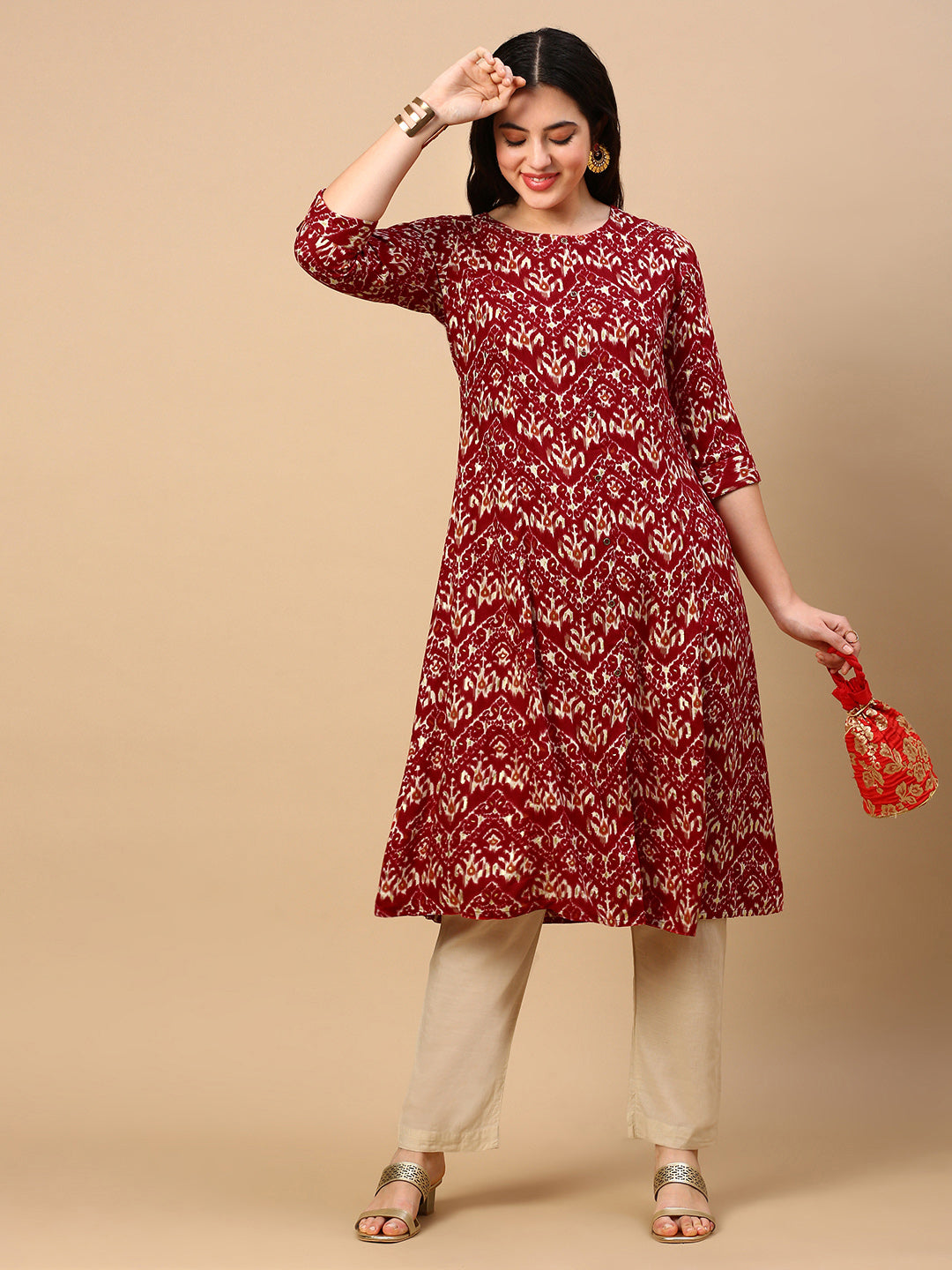 Women Red Graphic A Line Kurta