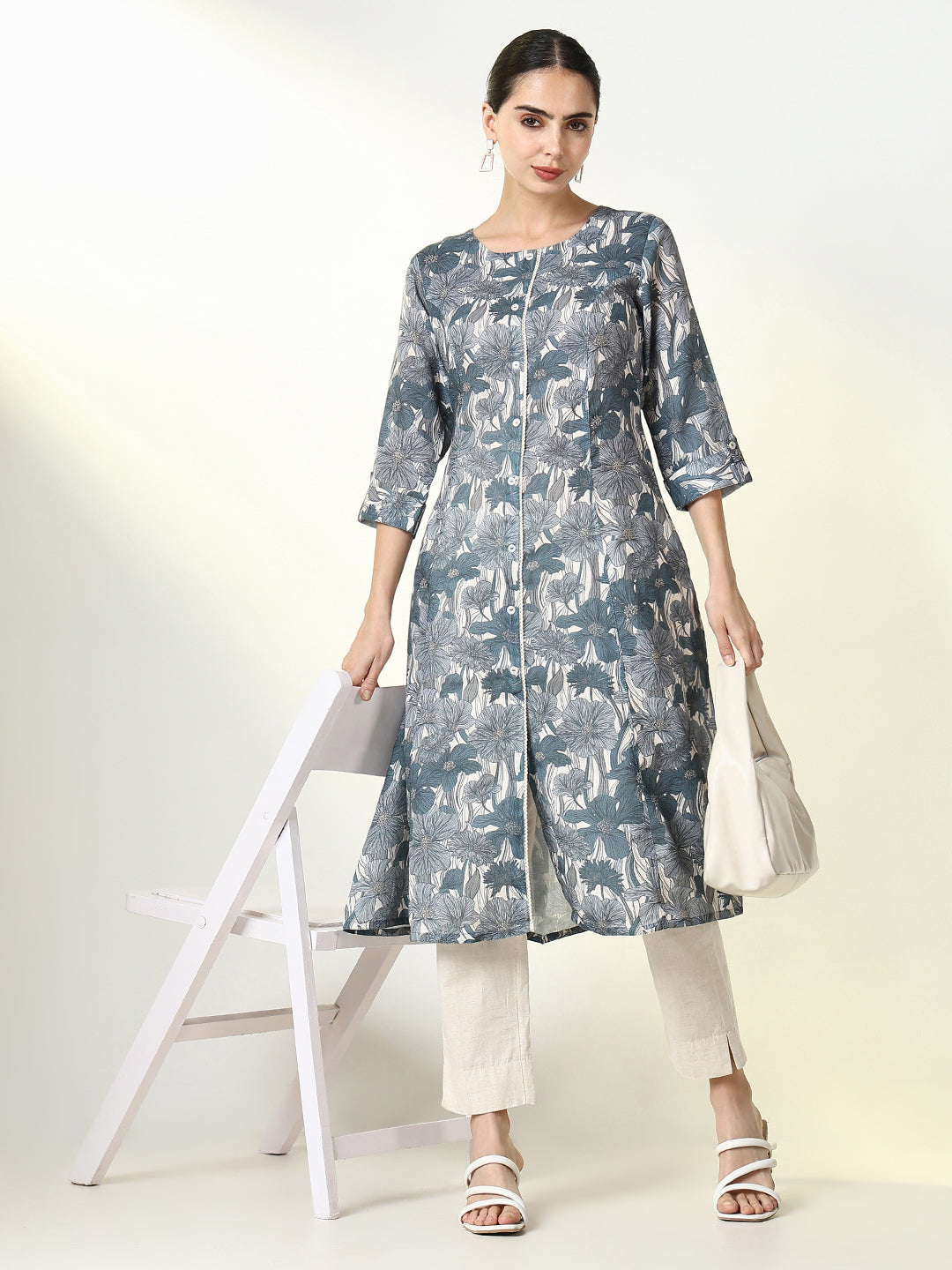 Women Grey Floral A Line Kurta