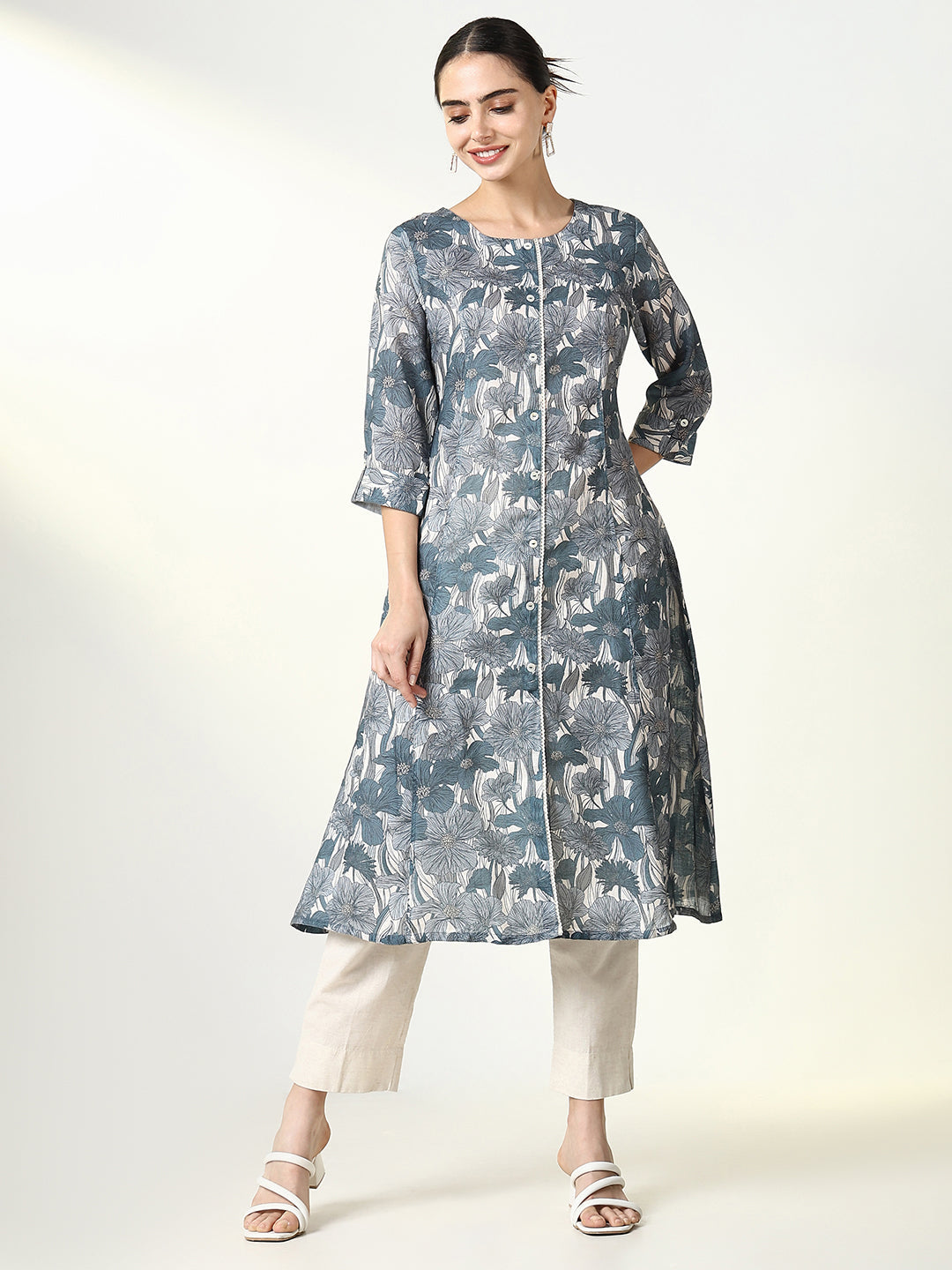 Women Grey Floral A Line Kurta