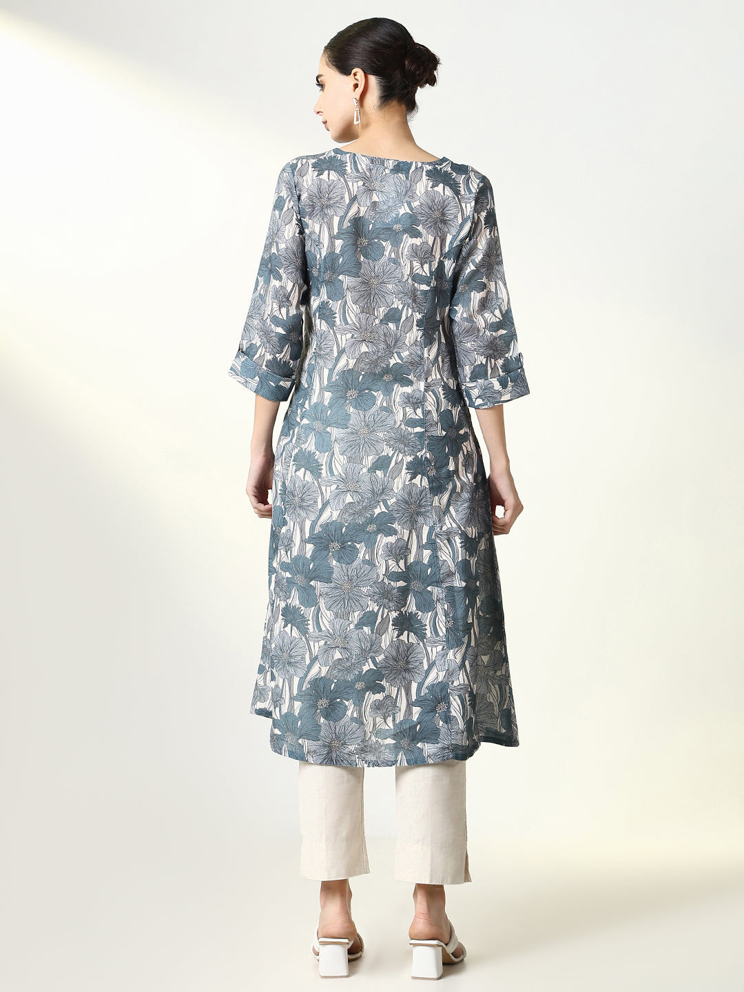 Women Grey Floral A Line Kurta