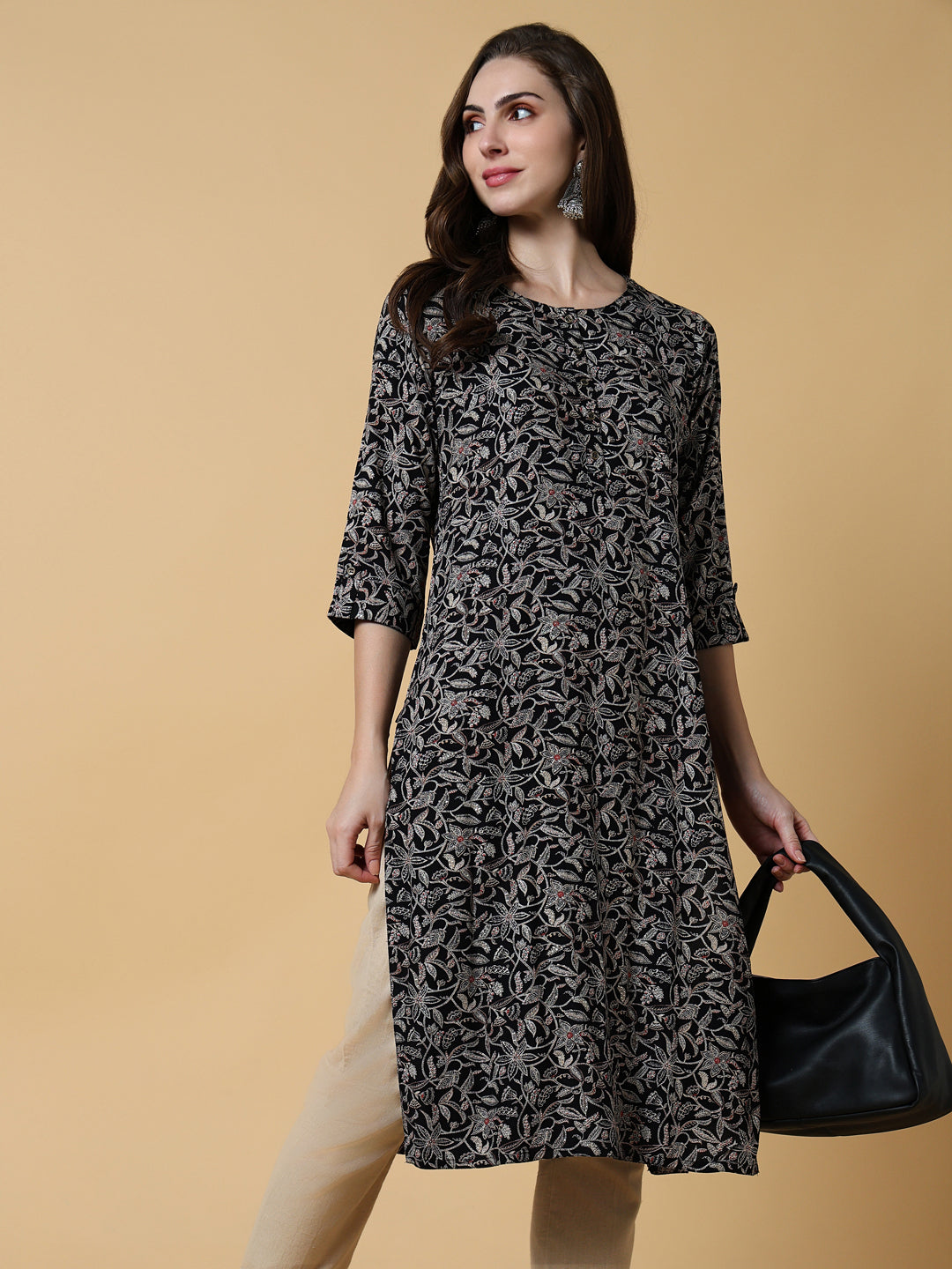 Women Black Graphic Straight Kurta