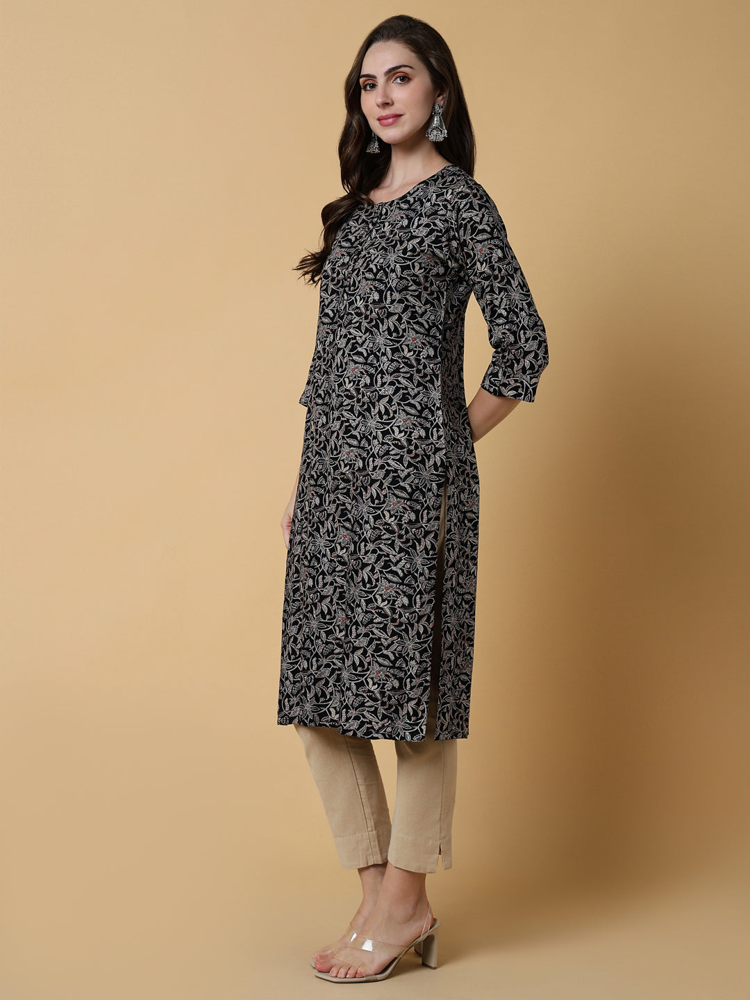 Women Black Graphic Straight Kurta