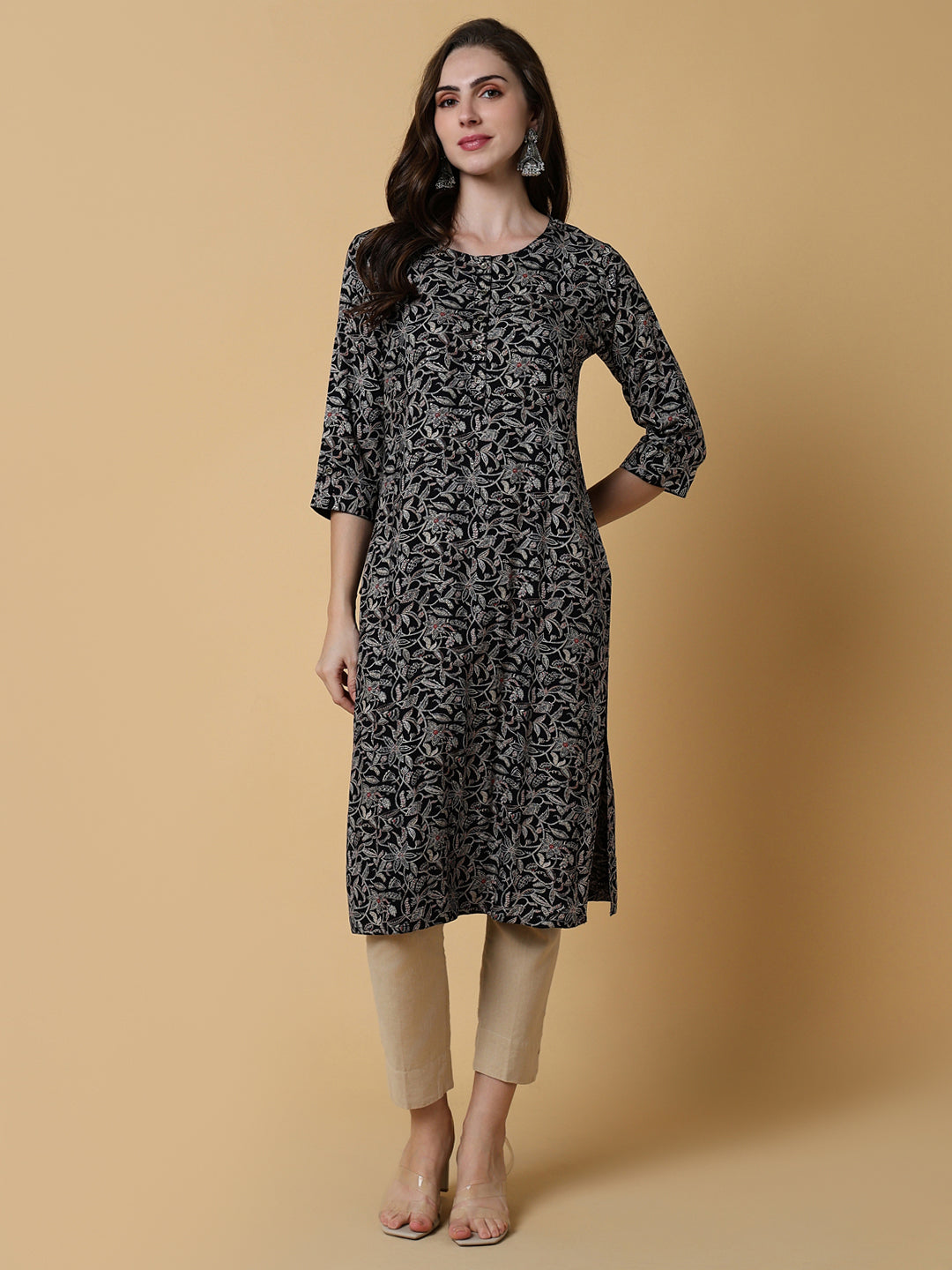 Women Black Graphic Straight Kurta