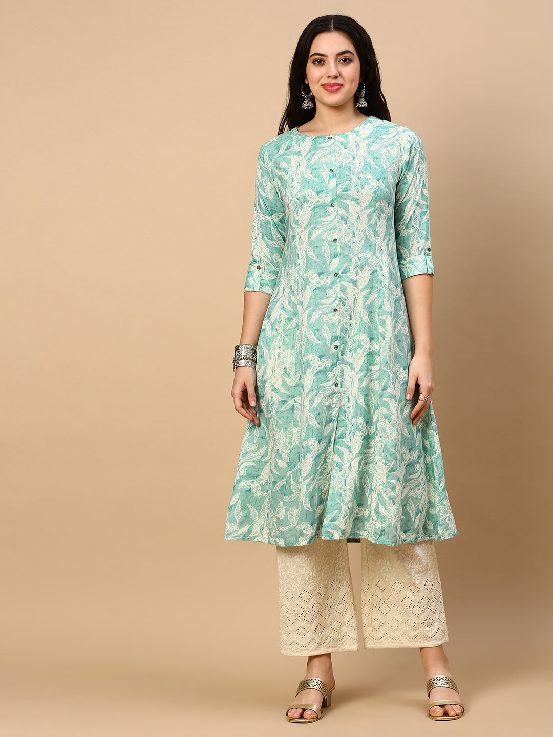 Women Green Floral A Line Kurta