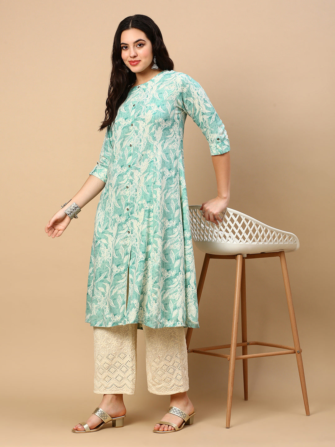 Women Green Floral A Line Kurta