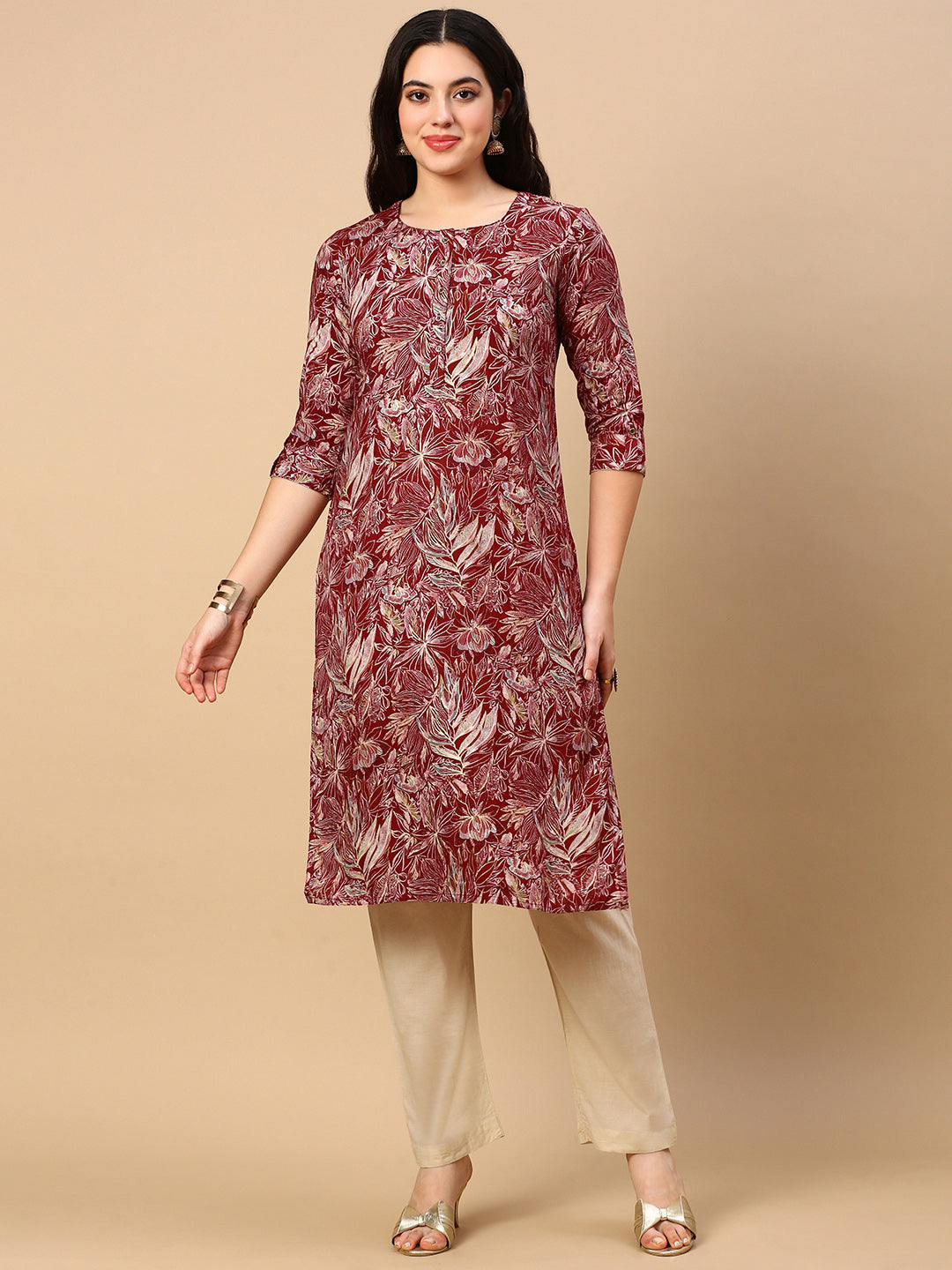 Women Red Floral Straight Kurta