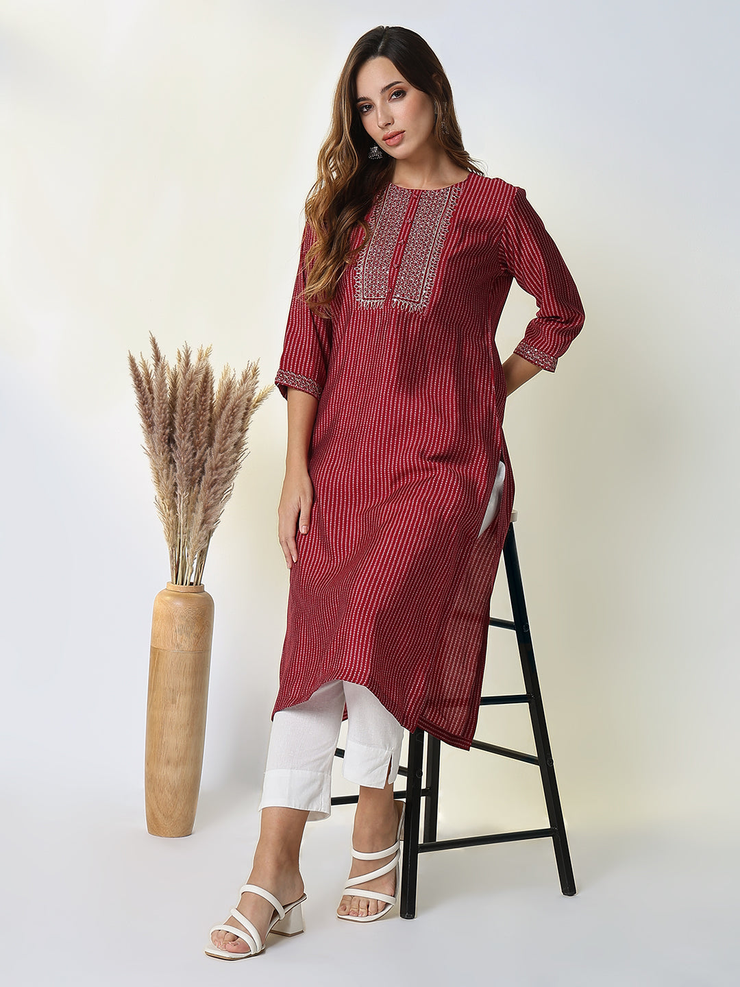 Women Red Bandhani Straight Kurta