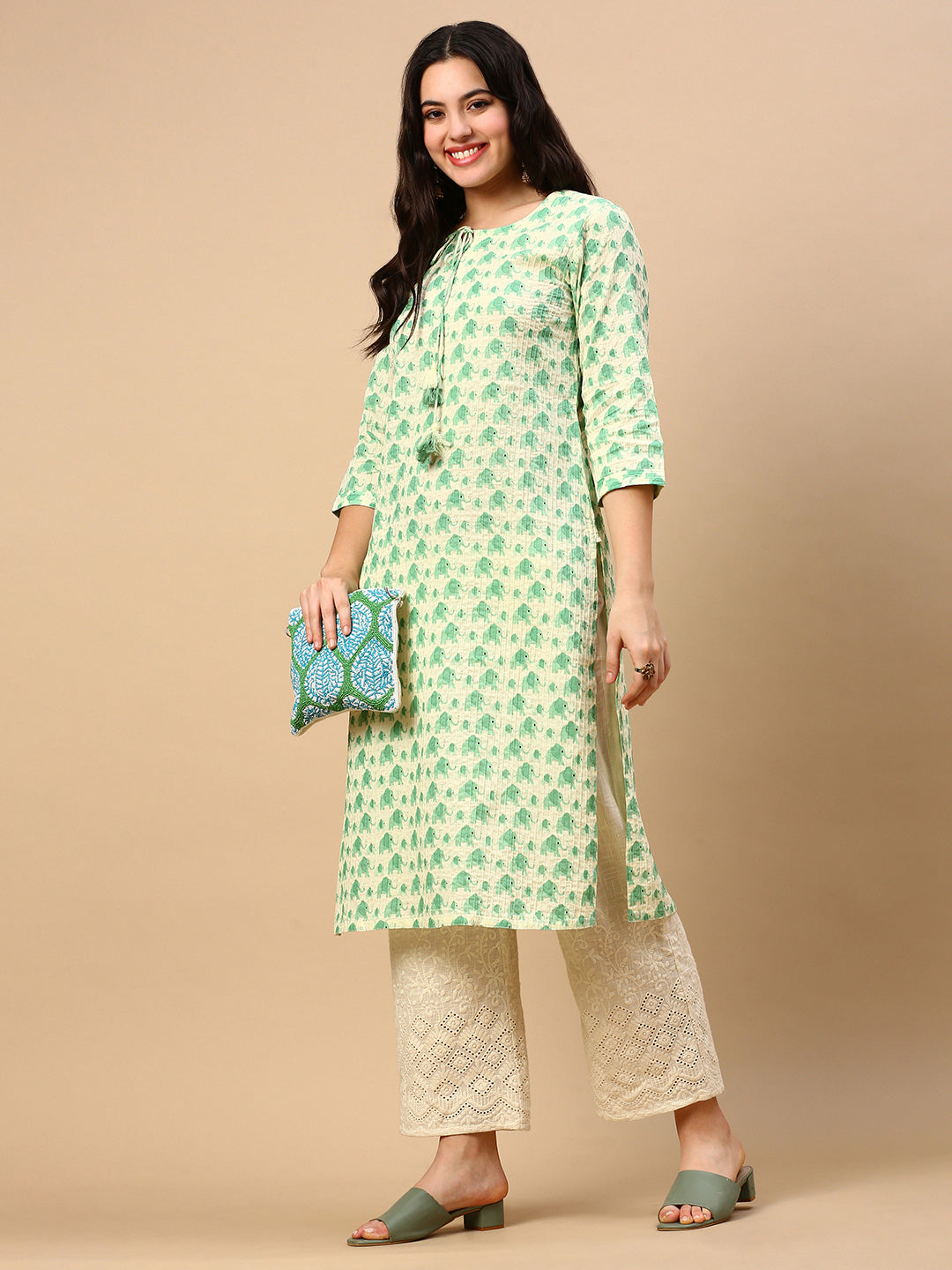 Women Green Graphic Straight Kurta