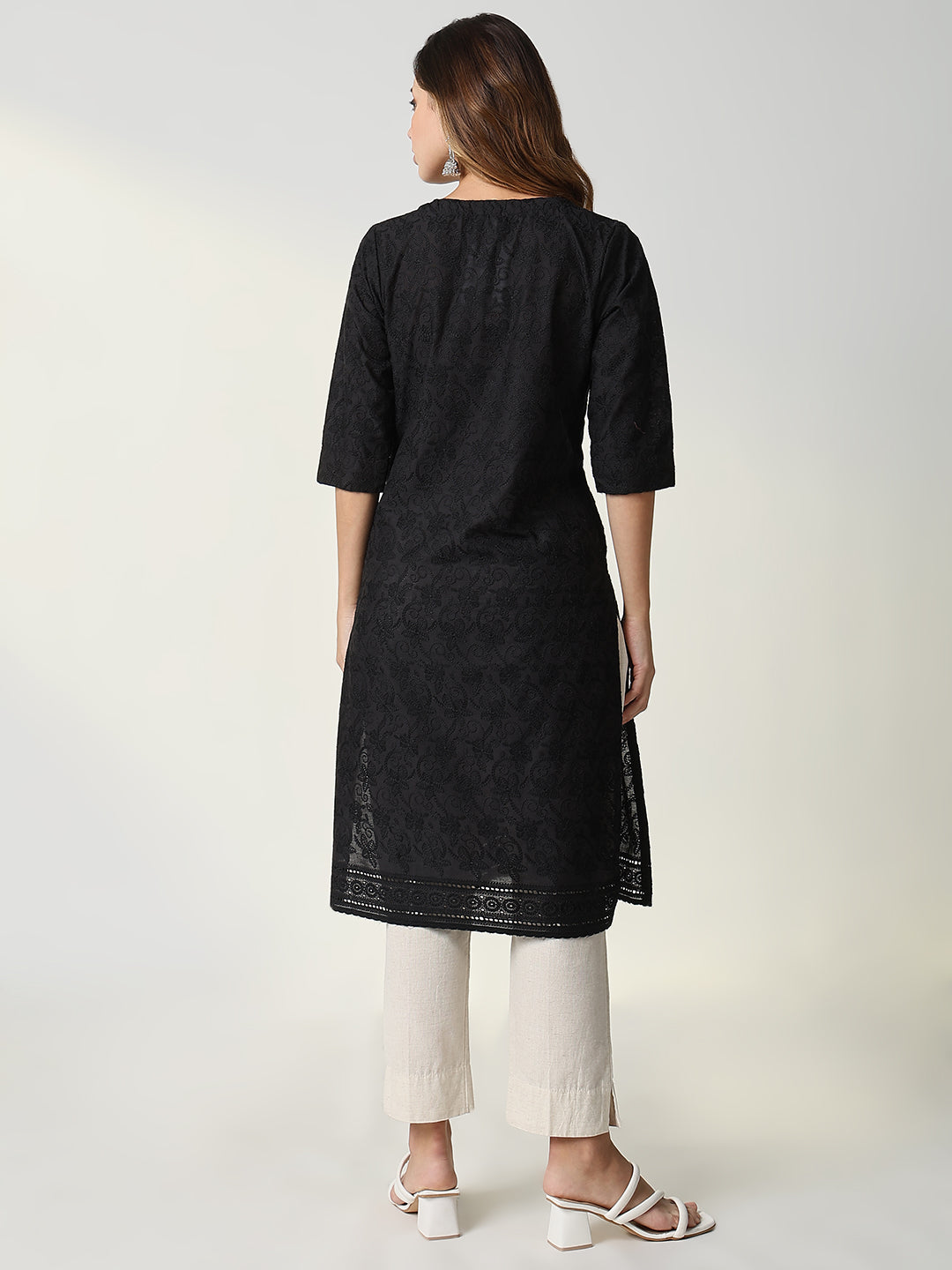 Women Black Embroidered Straight Kurta