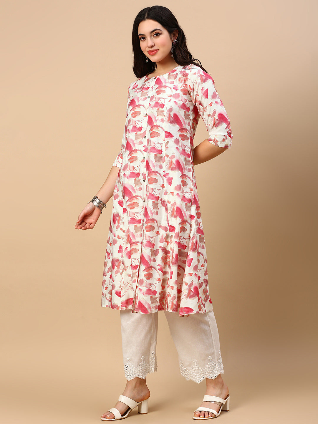 Women Pink Floral A Line Kurta