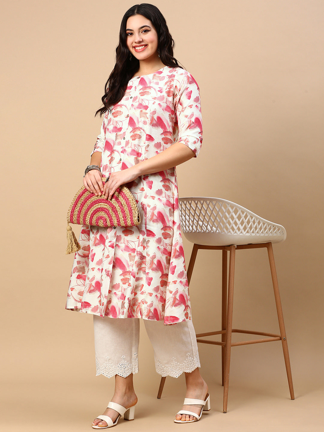 Women Pink Floral A Line Kurta