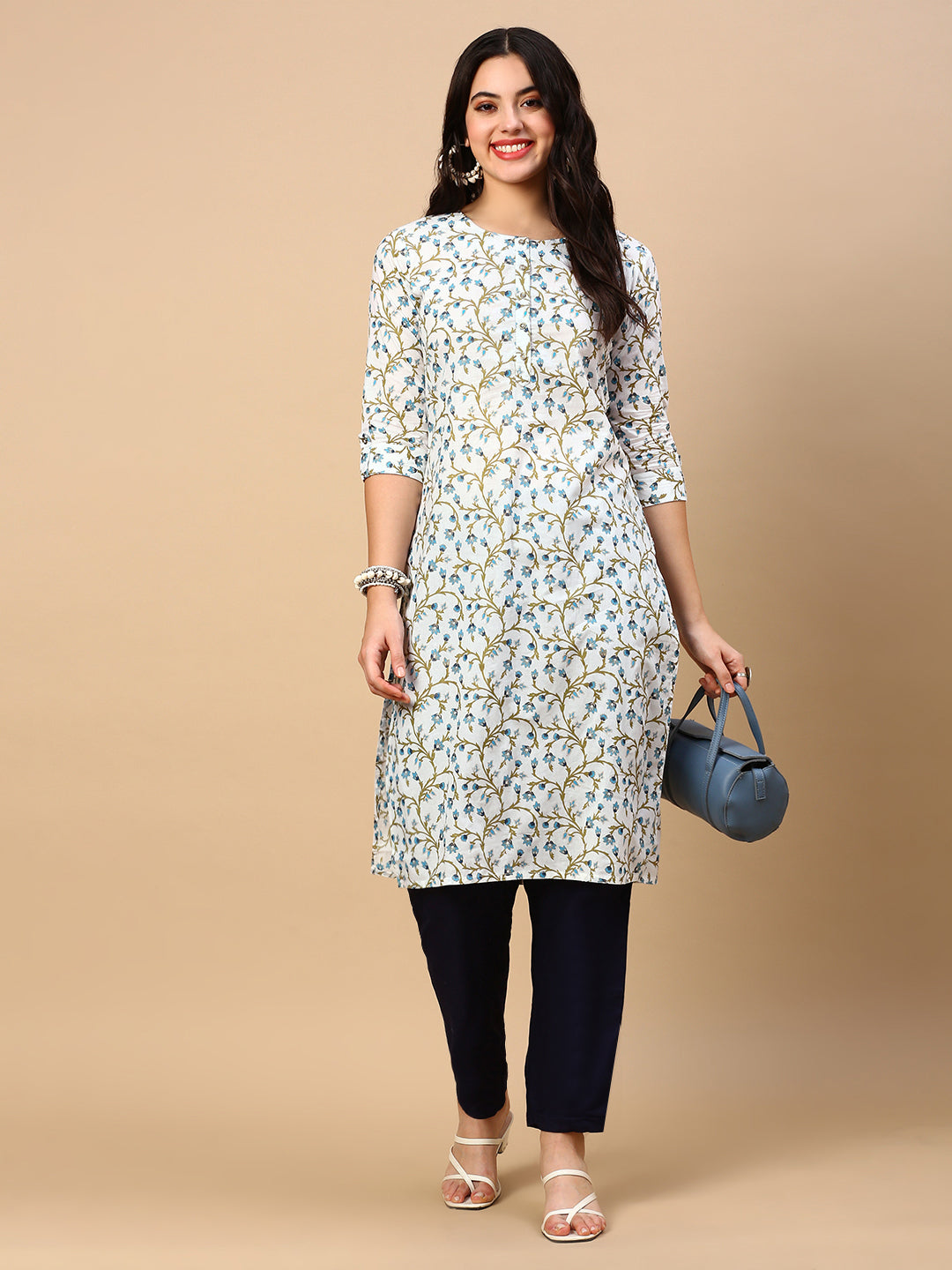 Women White Floral Straight Kurta