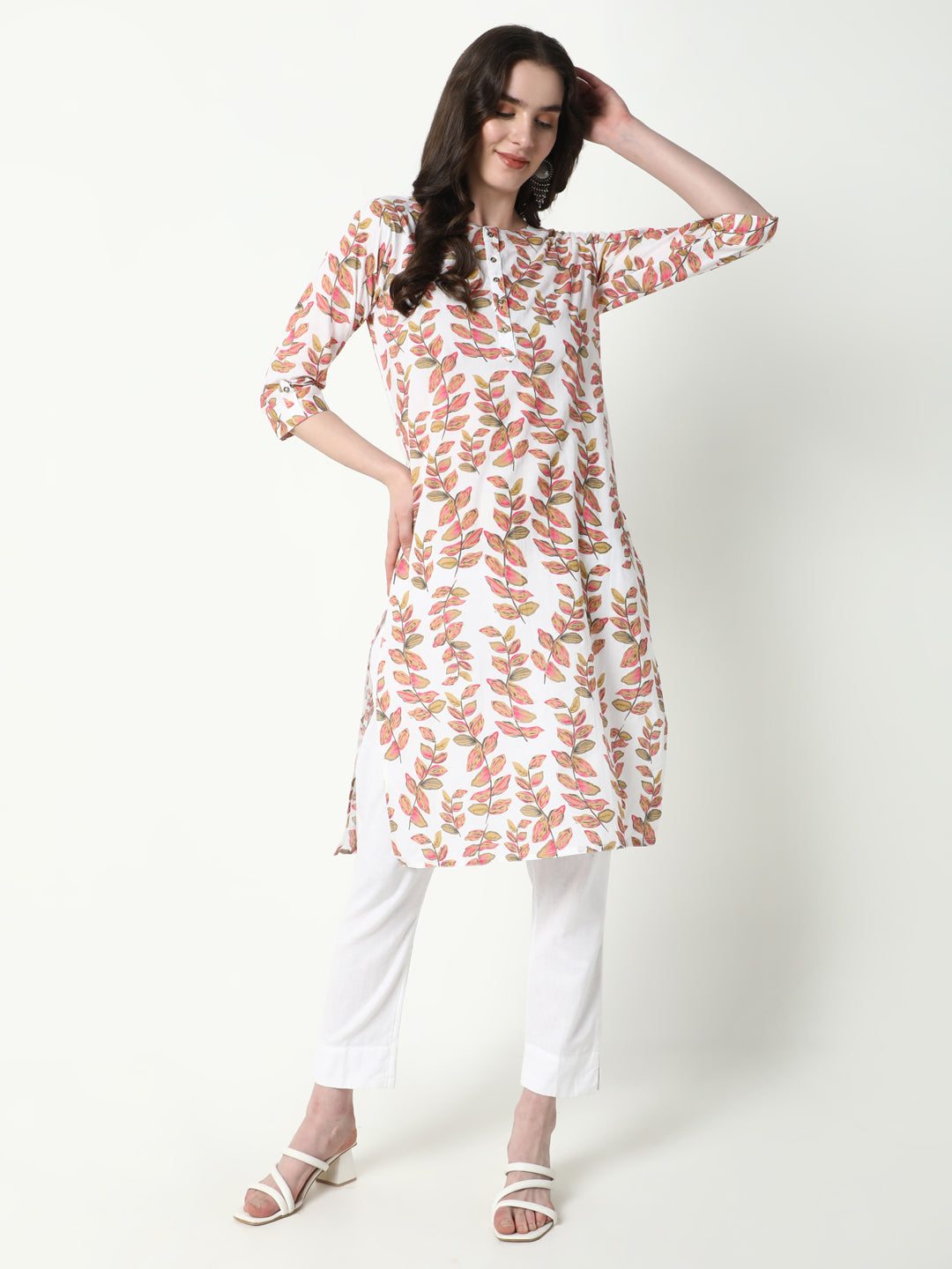 Women Peach Floral Straight Kurta