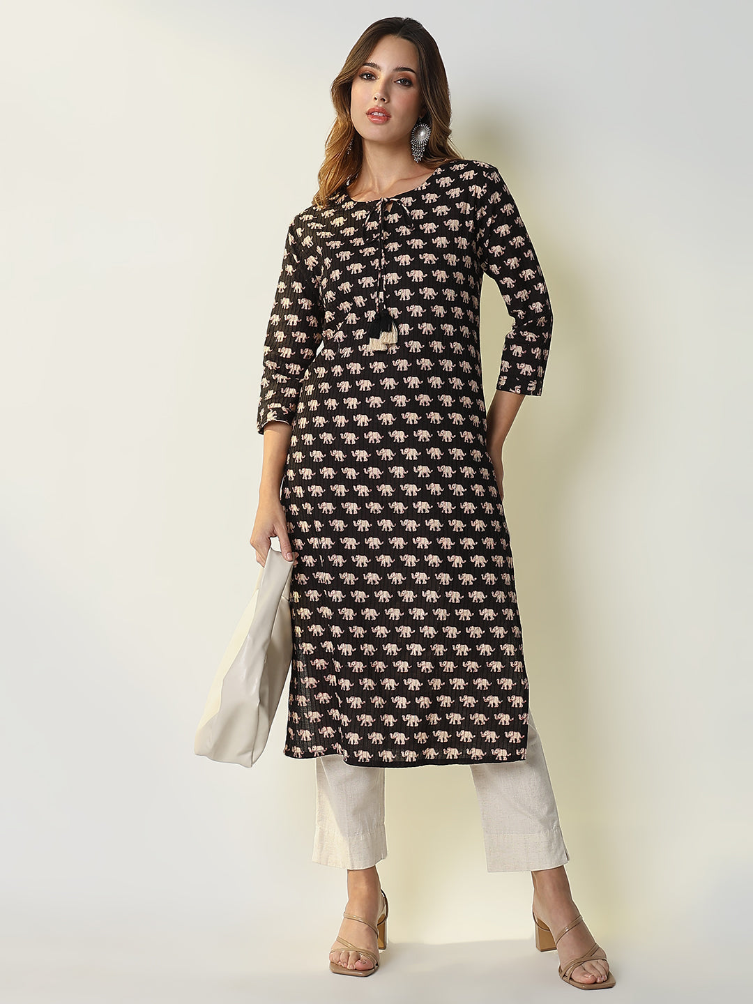 Women Black Animal Print Straight Kurta