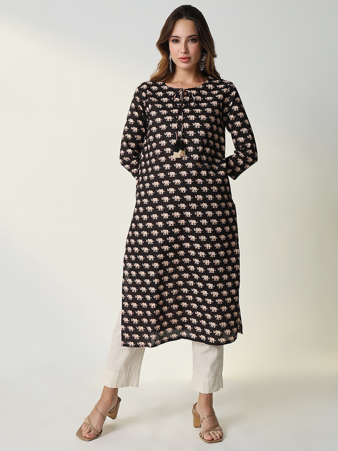 Women Black Animal Print Straight Kurta