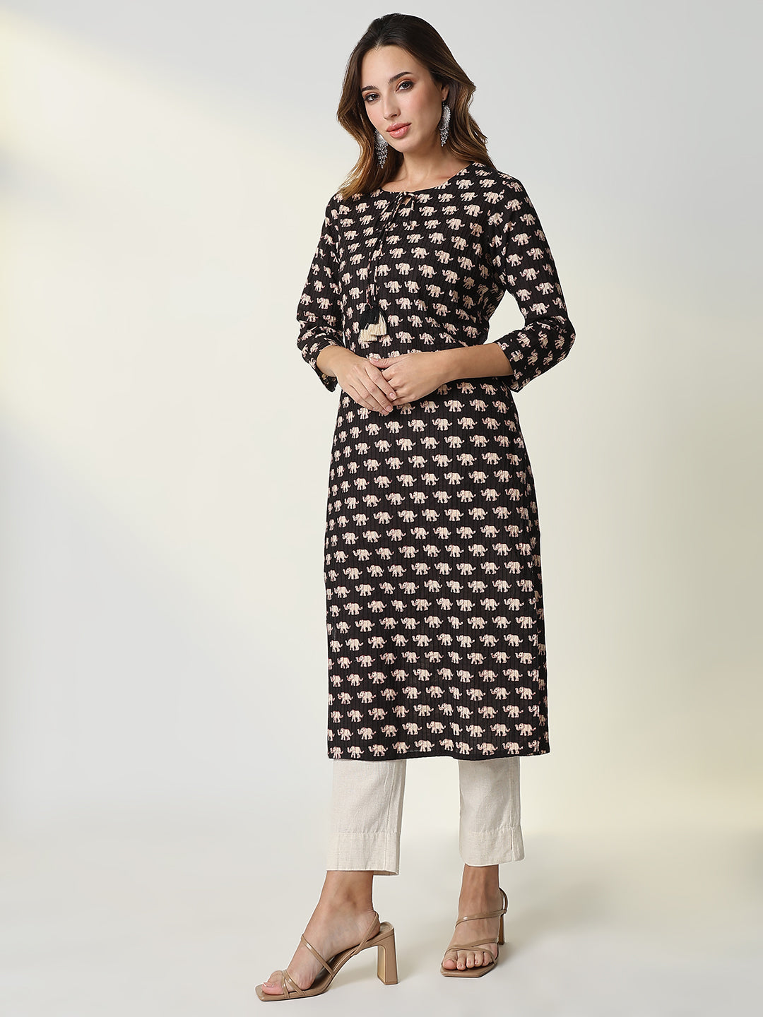 Women Black Animal Print Straight Kurta